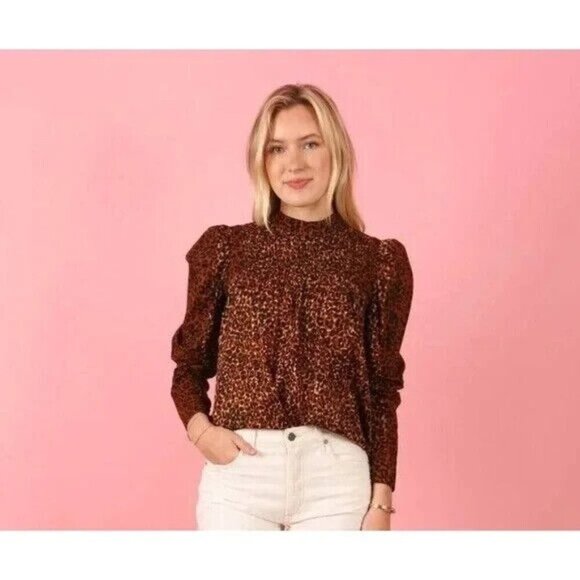 Ulla Johnson‎ Vesna Pintucked Leopard Print Puff Sleeve Cotton Blouse Size 4 - Picture 2 of 10